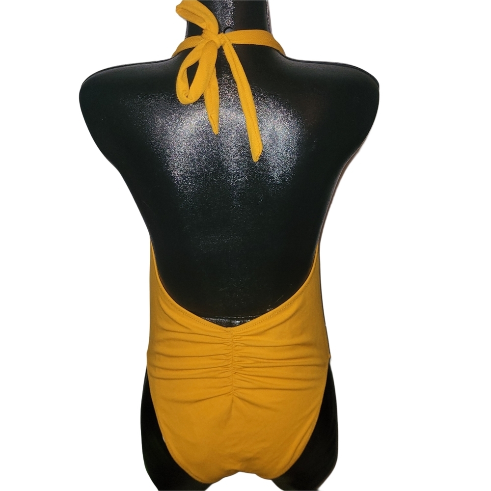 Cupshe Golden Yellow And Striped Halter One-Piece Swimsuit Size L - Picture 4 of 5